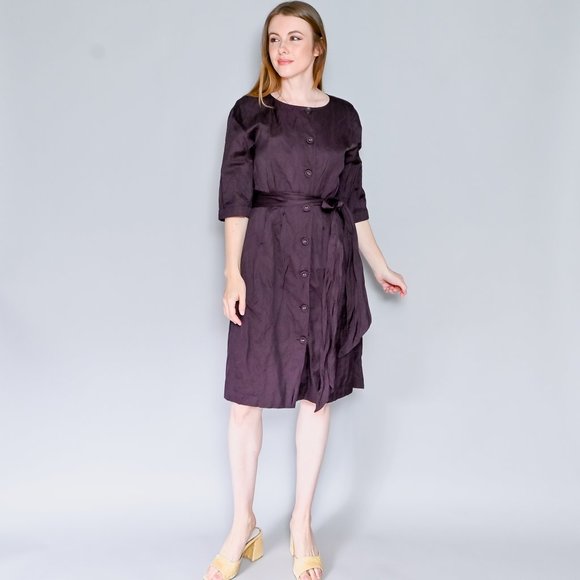 BROCK COLLECTION Eggplant Button-Front Tie-Belt Dress Sz 8 - Picture 7 of 7